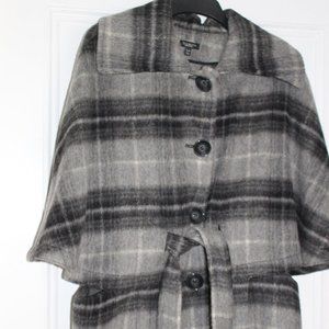 Talbots Gray Plaid Cape Style Arm Holes Belted & Buttons Sz S/M
